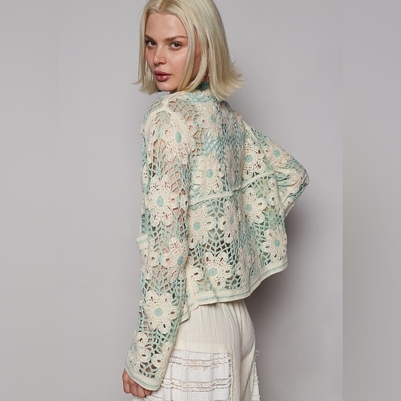 POL Floral Crochet Cardigan in Mint and Cream cover up - Picture 2 of 4